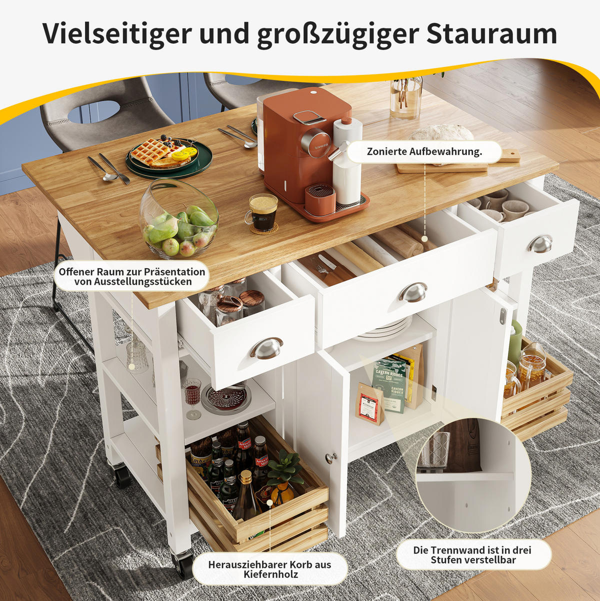 KÜCHENINSEL 120/45/90 cm aus MDF mit klappbarer Tischplatte Weiß/Natur - Weiß, Holzwerkstoff (120/90/45cm) - Modenvie