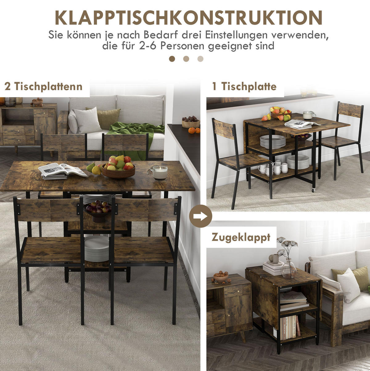 KLAPPTISCH 140/80/75 cm, platzsparend, seitlich ausklappbar mit Ablagen - Braun, Metall (140/80/75cm) - BEAOK