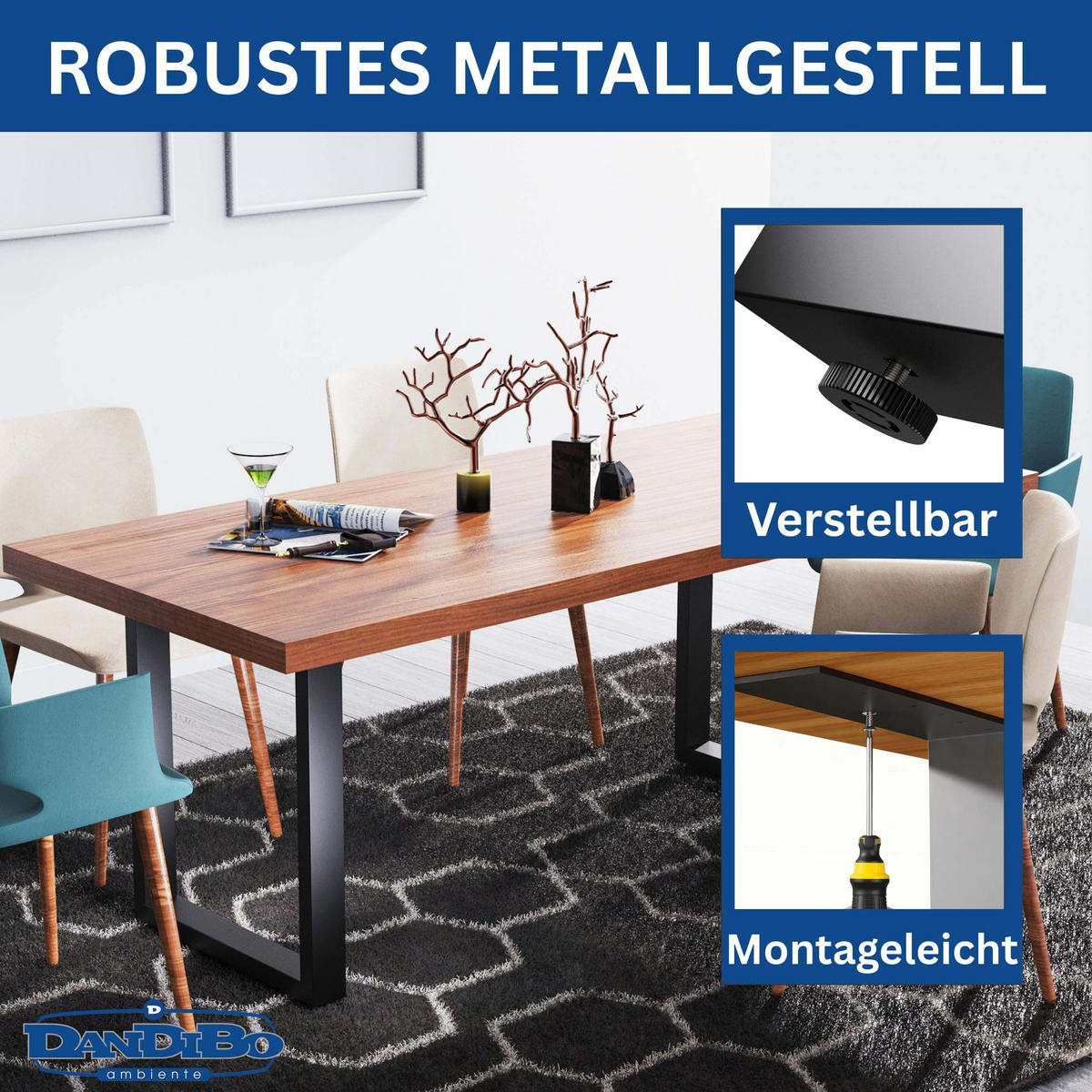 TISCHBEINE Metall Schwarz Set 72 x 62 cm Tischgestell Höhenverstellbar Tischkufen Esstisch Beine - Schwarz, Metall (8/72/62cm) - DanDiBo