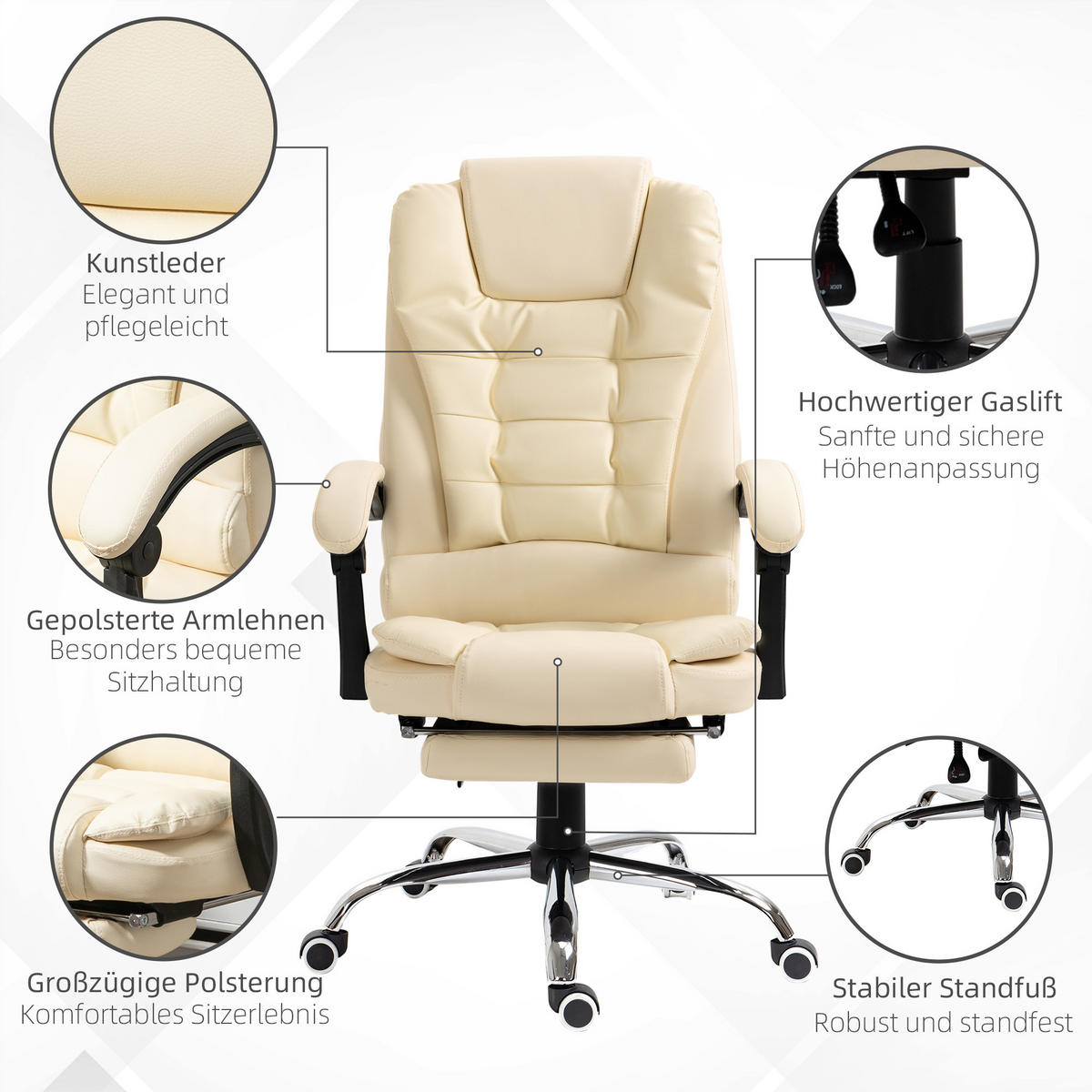 CHEFSESSEL Bürostuhl mit Fußstütze, Schreibtischstuhl mit Neigefunktion Creme - Creme, Leder (69/117/64.5cm) - HOMCOM