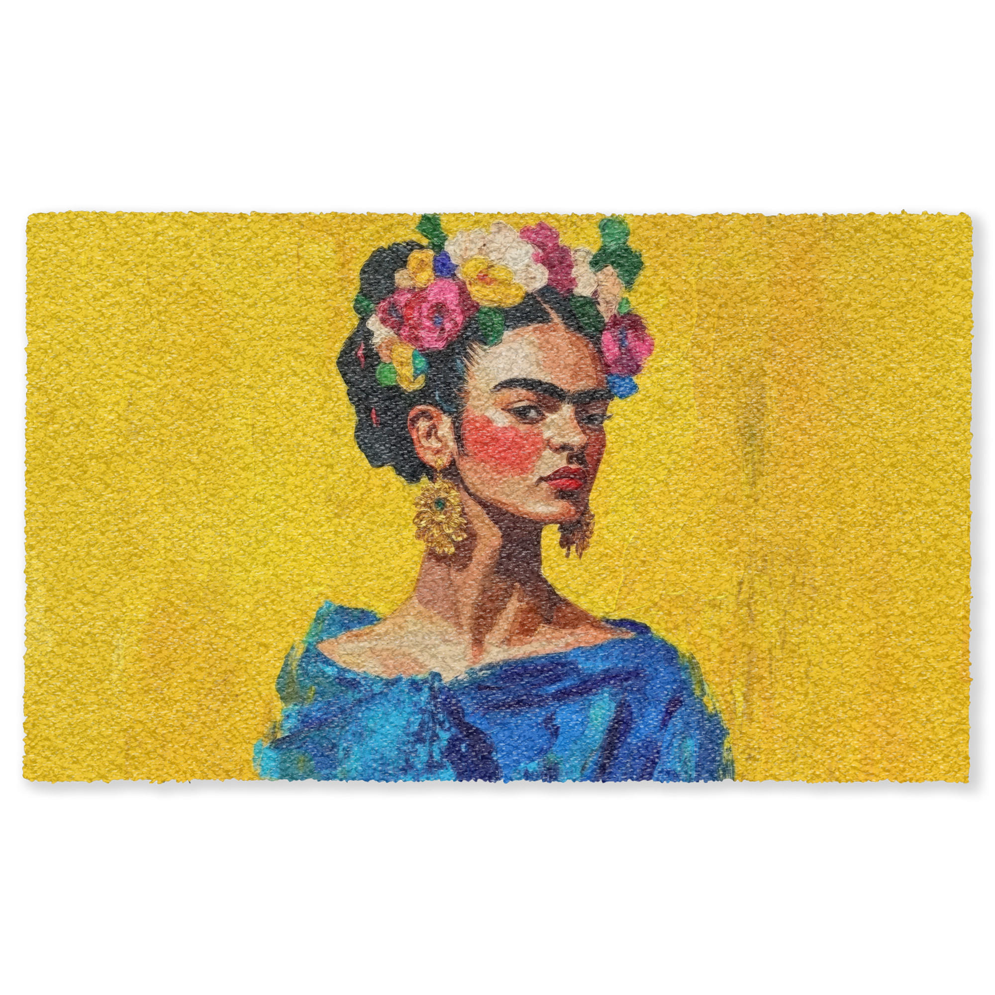 FUSSMATTE Frida Kahlo - Frau - Gelb - Blau - Blumen Schmutzfangmatte 150x90 cm - Gelb, Kunststoff (150/90cm) - MuchoWow
