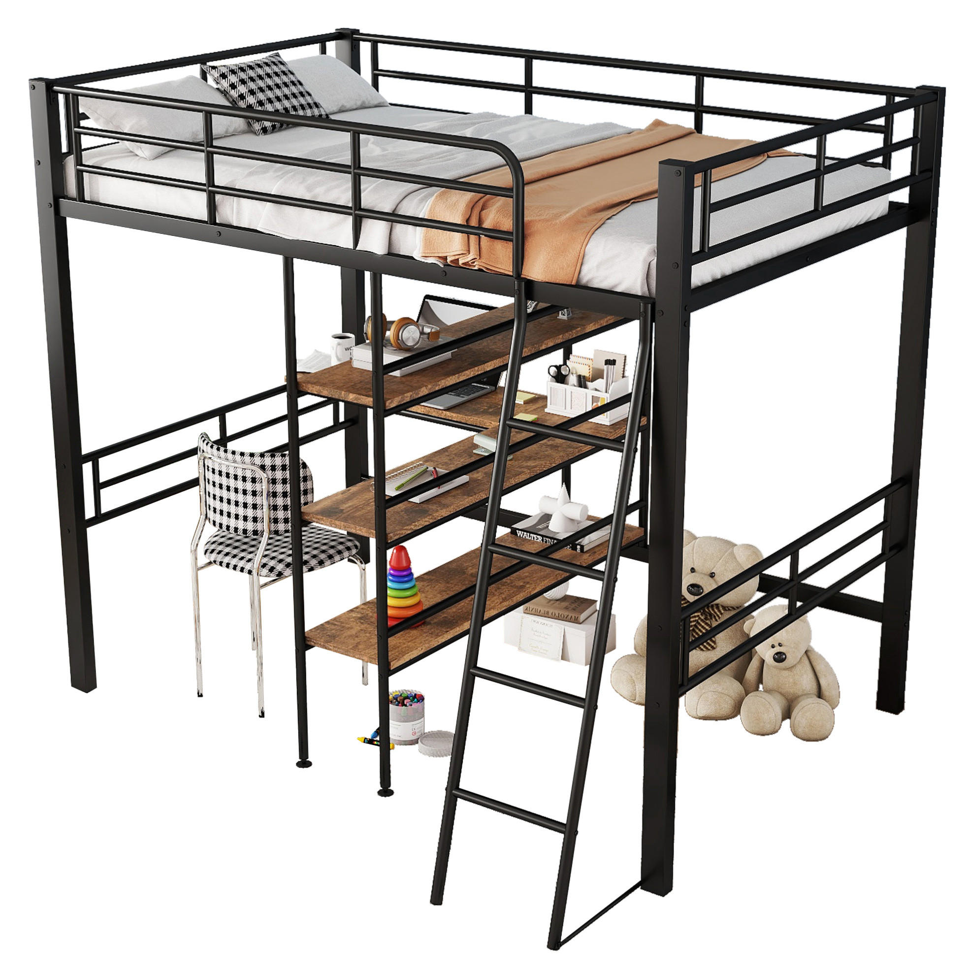 HOCHBETT 90/200 cm aus Metall mit Schreibtisch und Regalen, Schwarz - Schwarz, Metall (90/200cm) - Flora Grace