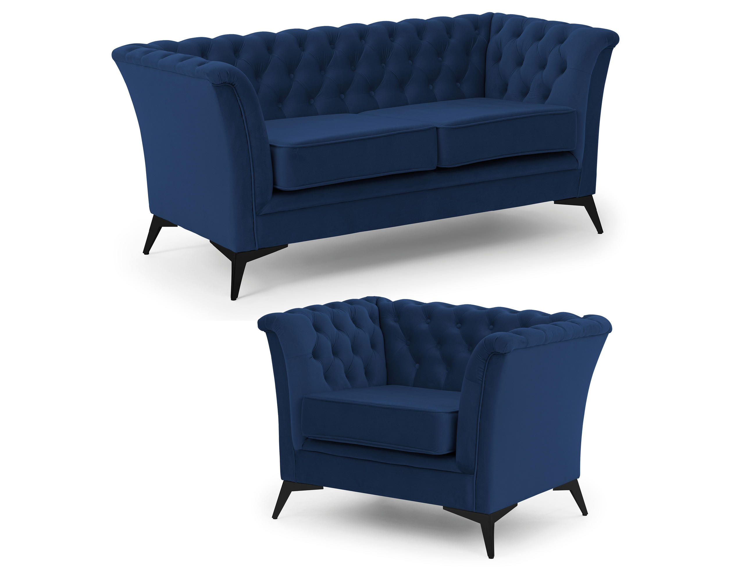 SITZGARNITUR 2+1 Chesterfield Whitby Marineblau Samt mit schwarzen Füßen - Blau/Schwarz, Holz/Textil (175/78/82cm) - S-Style Möbel