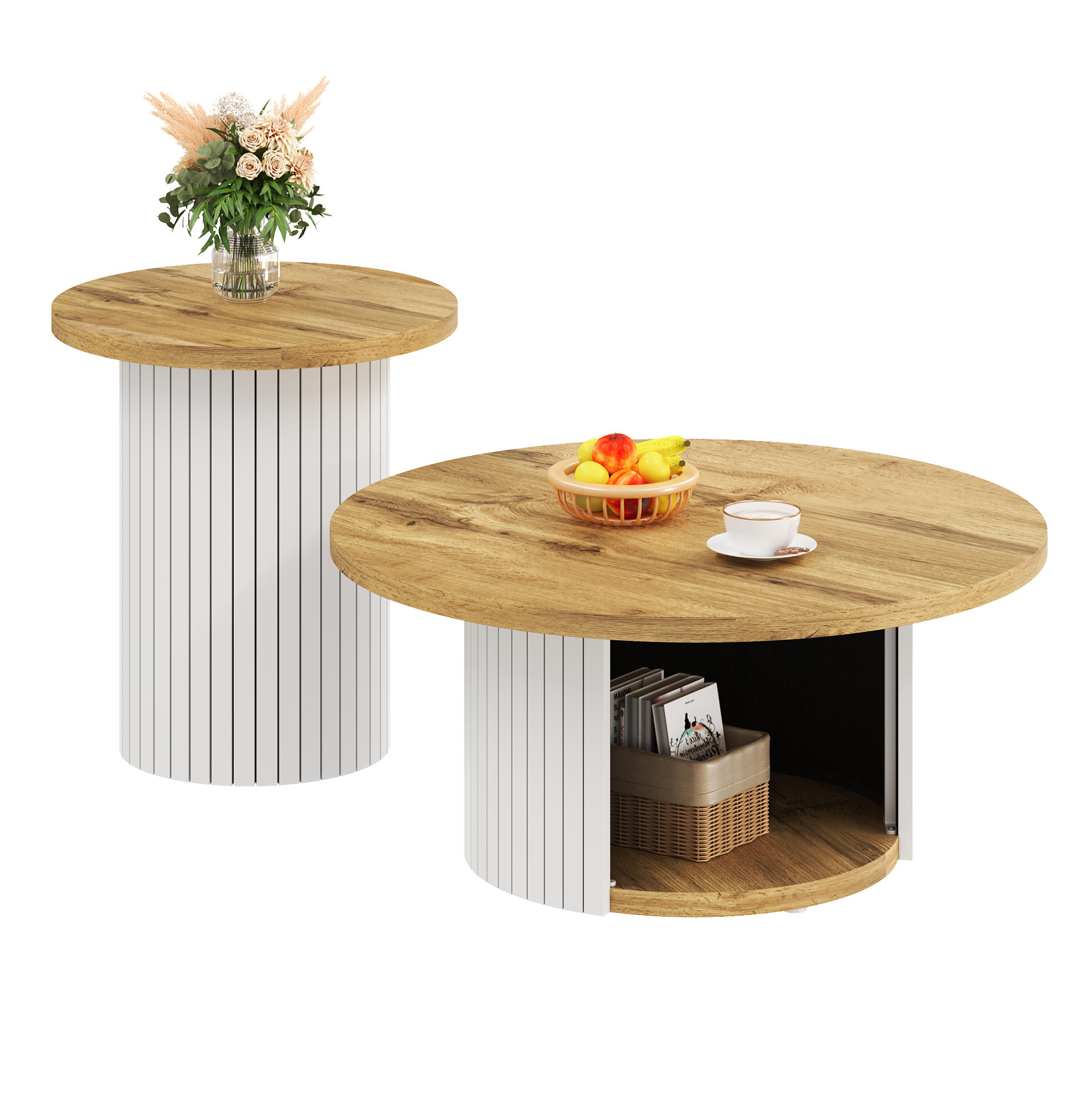 COUCHTISCH in Naturfarben Wohnzimmertisch- Set mit 2 runden Tischen,B75/T75/H50cm und B45/T45/H35cm - Weiß/Naturfarben, Holzwerkstoff (75/75/50cm) - STILVORA