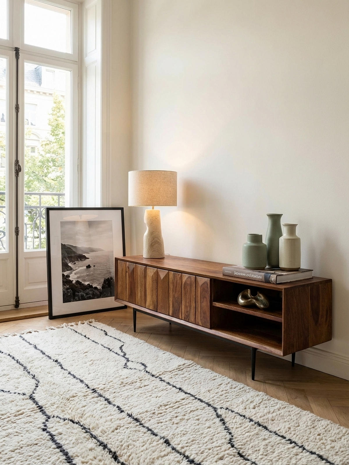 LOWBOARD Massivholz Modern Stil für 55-Zoll Fernseher Push-to-Open mit Edelstahlbeinen - Schwarz/Braun, Holz/Metall (123/42/35cm) - KADIMA DESIGN