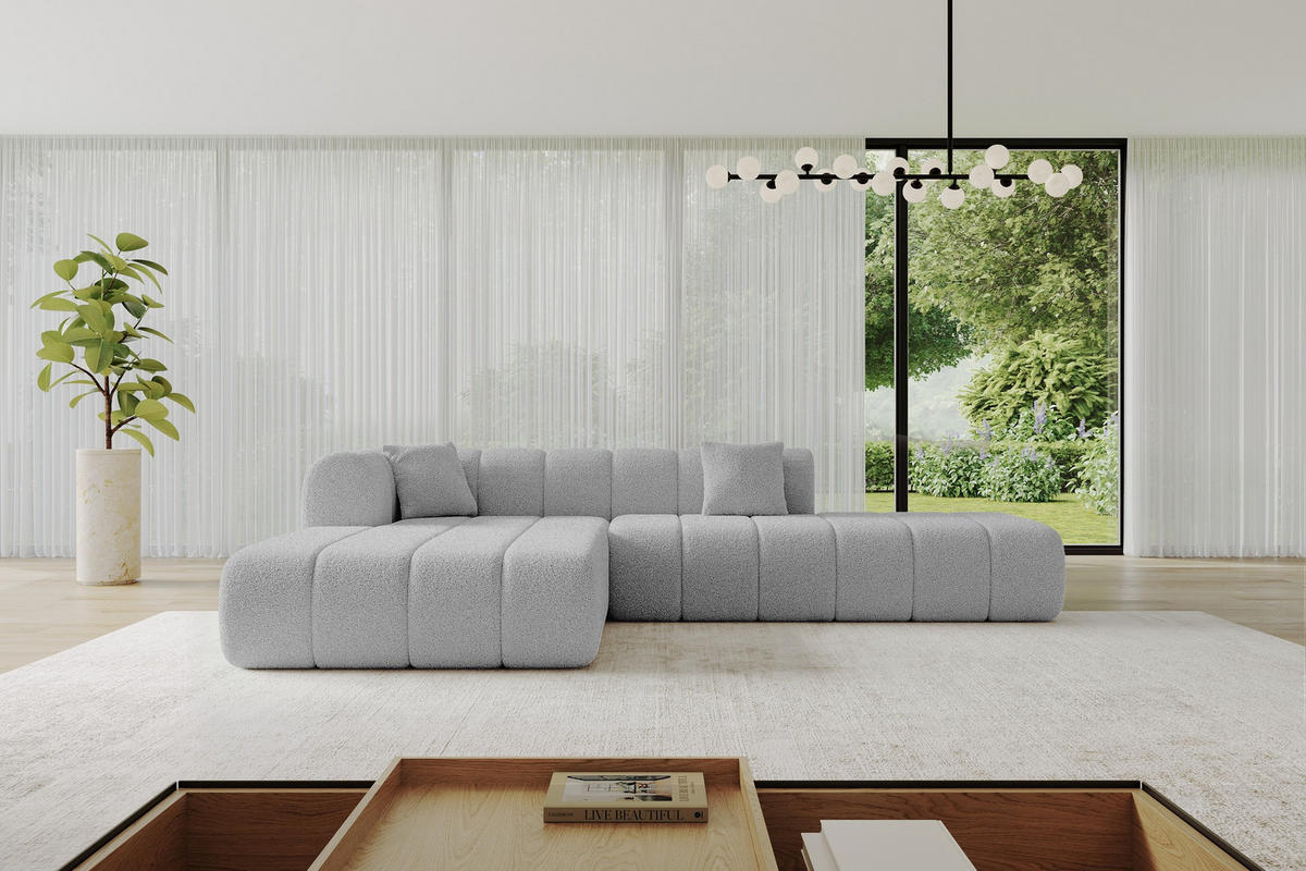 ROHOVÁ SEDAČKA s otomanem, levá BILA-L 289x176x71 Světle šedá Buklé - černá/stříbrná, kompozitní dřevo/textil (176/289cm) - ALTDECOR