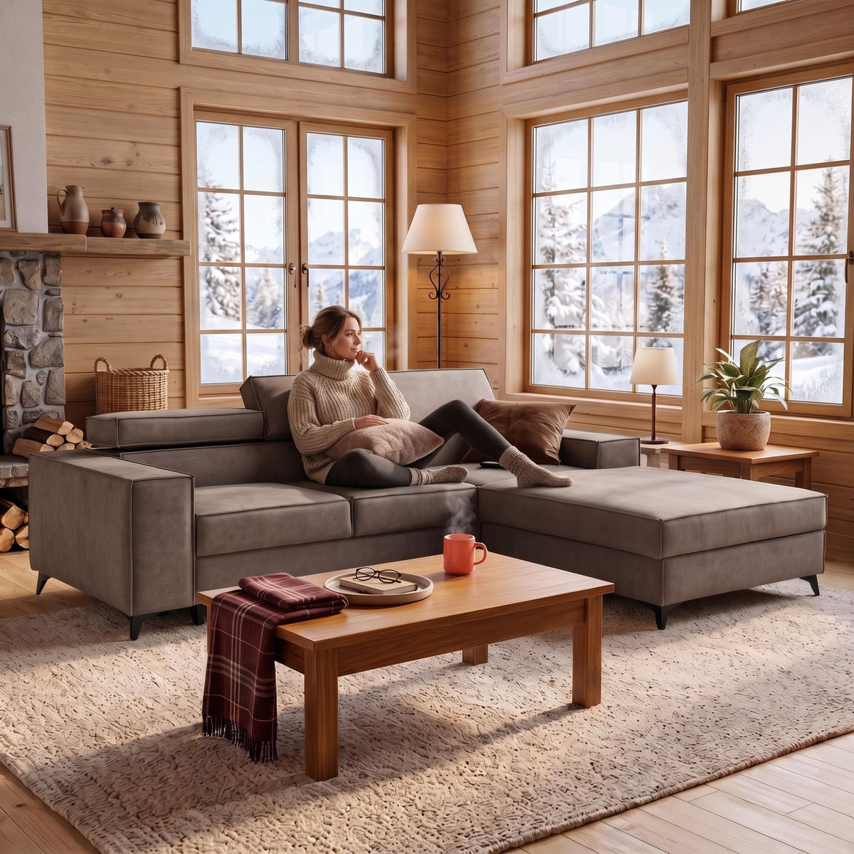 ECKSOFA PURE S Rechts mit Schlaffunktion 127x215 Velours Beige - Beige/Schwarz, Holz/Textil (204/281cm) - Muffo