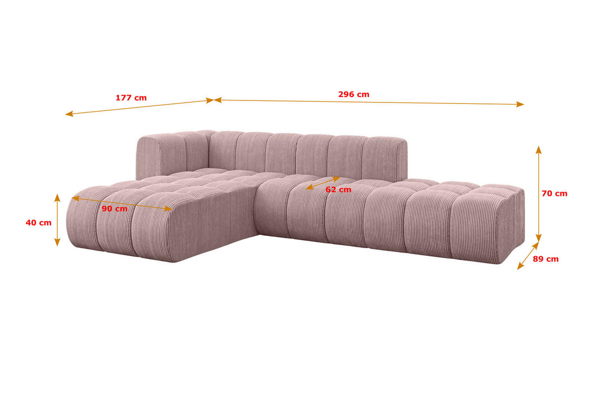 ECKSOFA modulares Sofa Zuvon-L1 - 296x177x70 cm Rosa - Rosa, Holzwerkstoff/Textil (296/177cm) - ALTDECOR