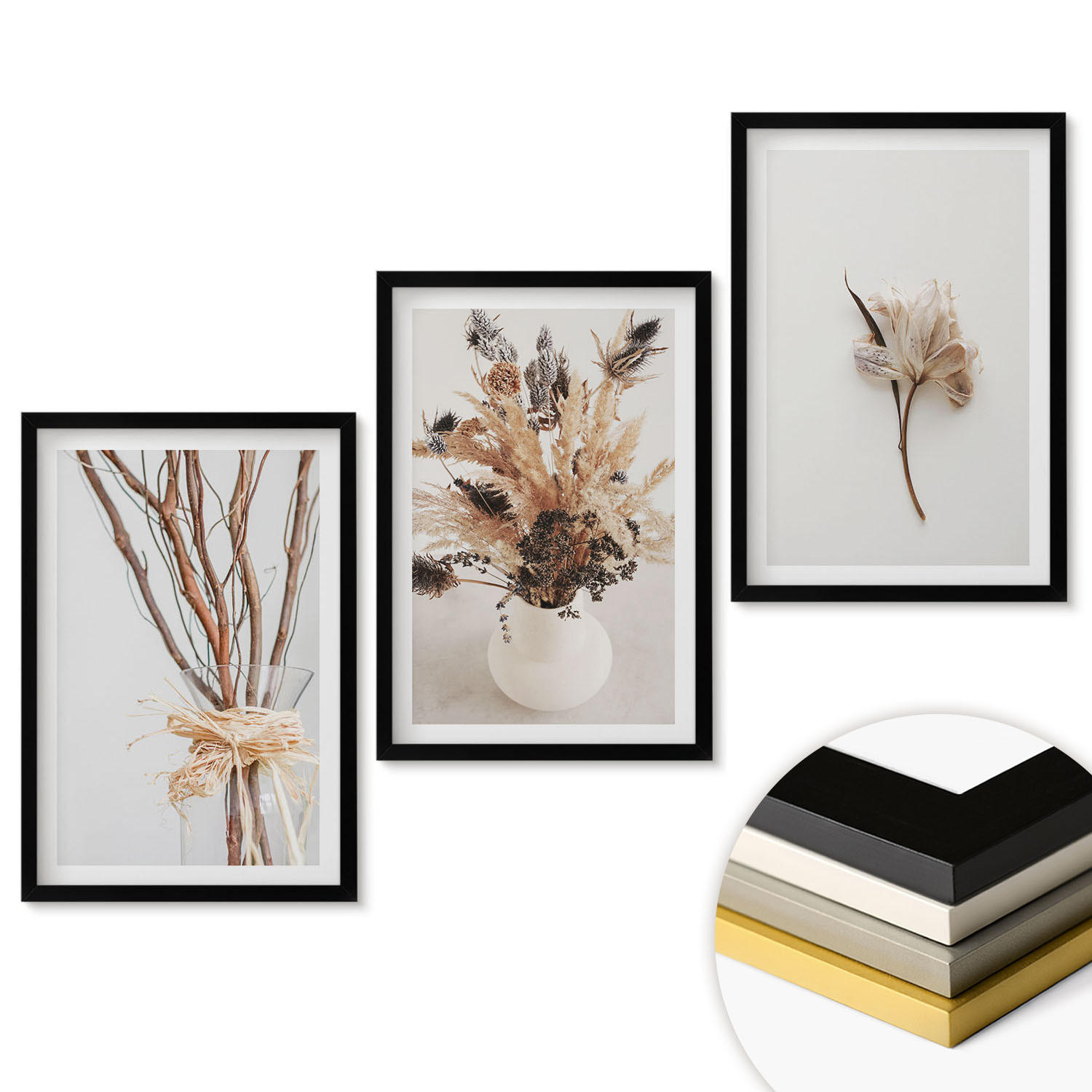 WANDBILDER 3er-Set - 40x60 cm Schwarzer Rahmen - Blumenzweige minimalistisch - Schwarz, Kunststoff (40/60cm) - ArtPrintCave