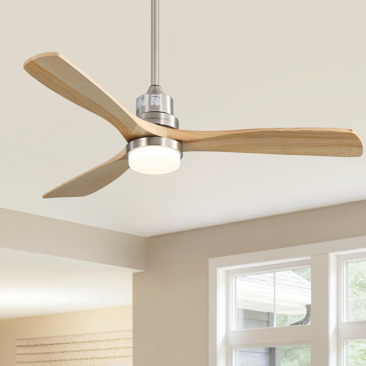 DECKENVENTILATOR DE-16195 52 Zoll mit dimmbarer LED & 3 Holzflügeln - Naturfarben, Holz/Metall (132/132/29cm) - ComfortXL