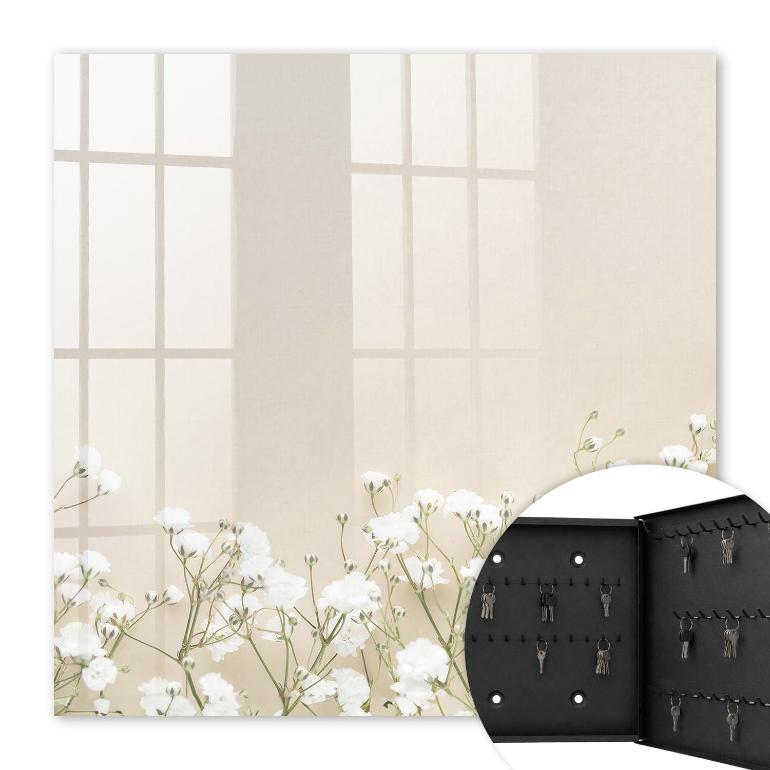 SCHLÜSSELBOX Schwarz 30x30 cm- Türöffnung nach rechts - Blumen subtil - Beige, Metall (30/30/5cm) - TULUP