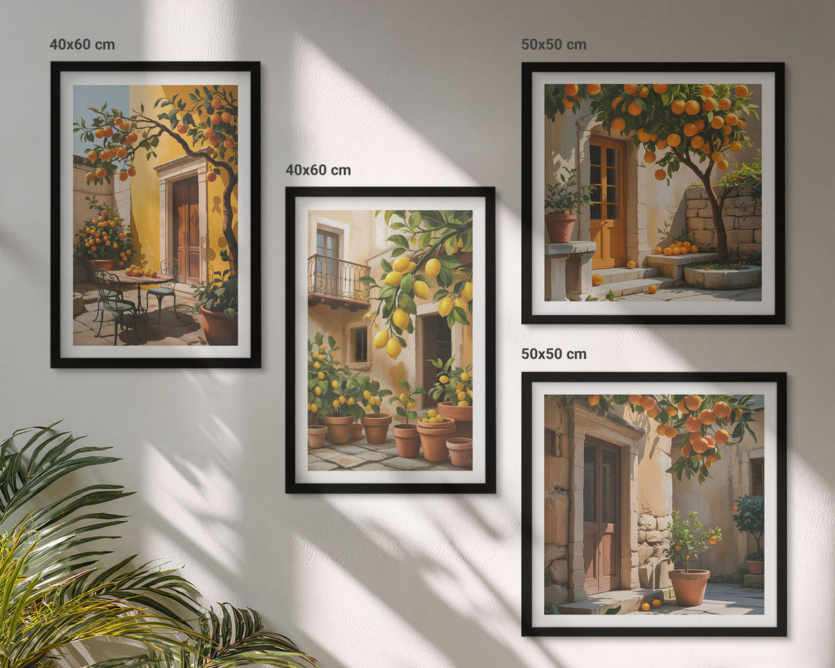 WANDBILDER 4er-Set - 50x50 cm & 40x60 cm Schwarzer Rahmen - Zitrusfrüchte in der Sonne - Schwarz, Kunststoff (50/50cm) - ArtPrintCave