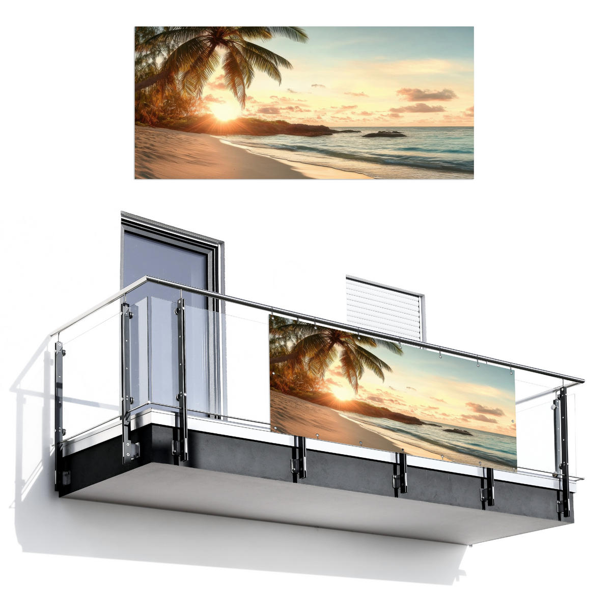 BALKON-SICHTSCHUTZ Strand - Palmen - Meer - Sonnenuntergang 200x90 cm - Samtahornfarben, Kunststoff (200/90cm) - MuchoWow
