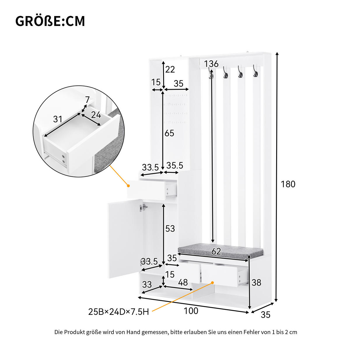 FLURGARDEROBE 100/35/180 cm aus MDF mit Sitzbank und Stecktafel Weiß - Weiß, Holzwerkstoff (100/180/35cm) - Modenvie