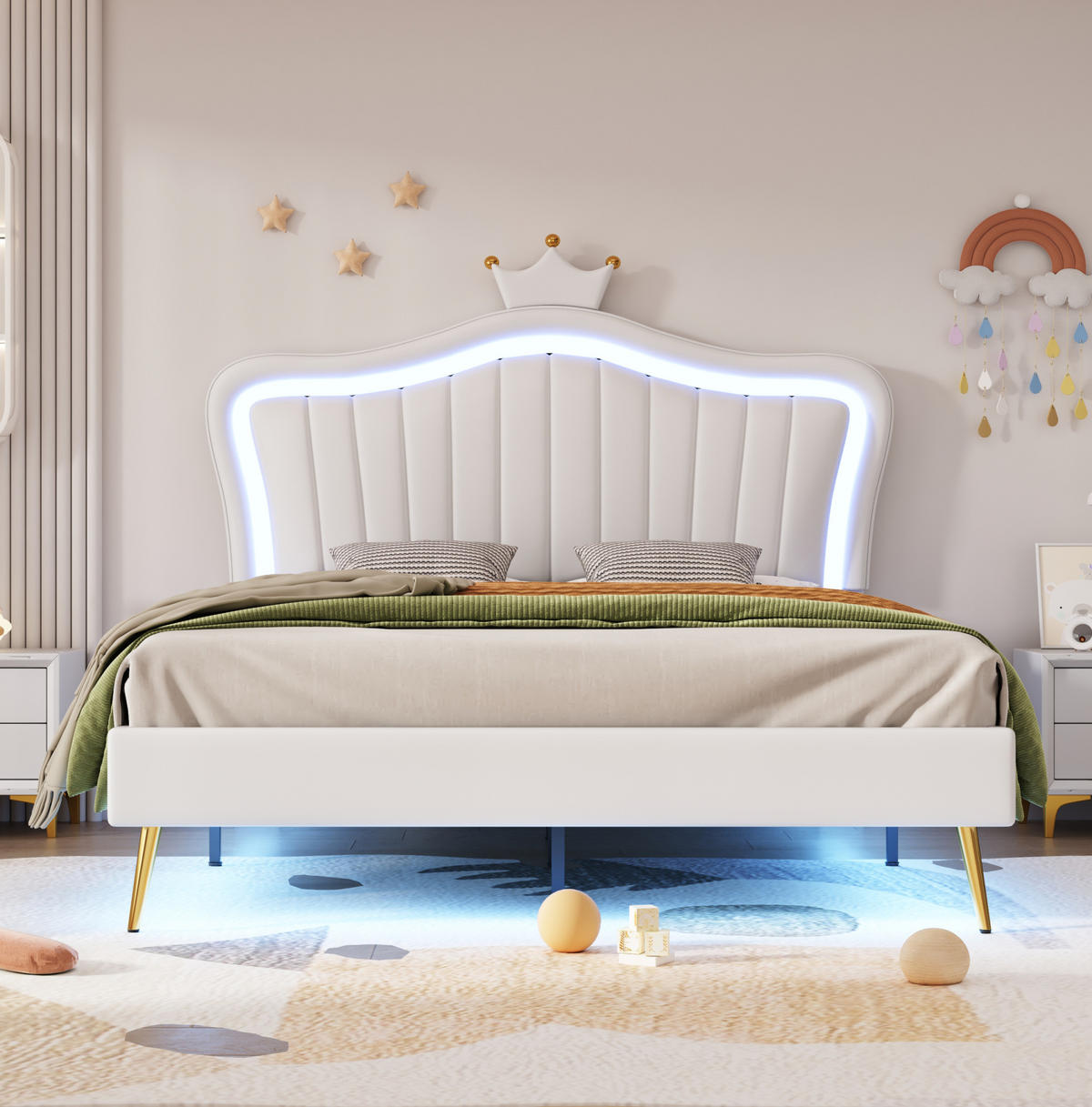 POLSTERBETT mit LED-Beleuchtung 140/200 cm aus Kunstleder mit verstellbarem Kopfteil - Weiß, Textil (140/200cm) - BEAOK