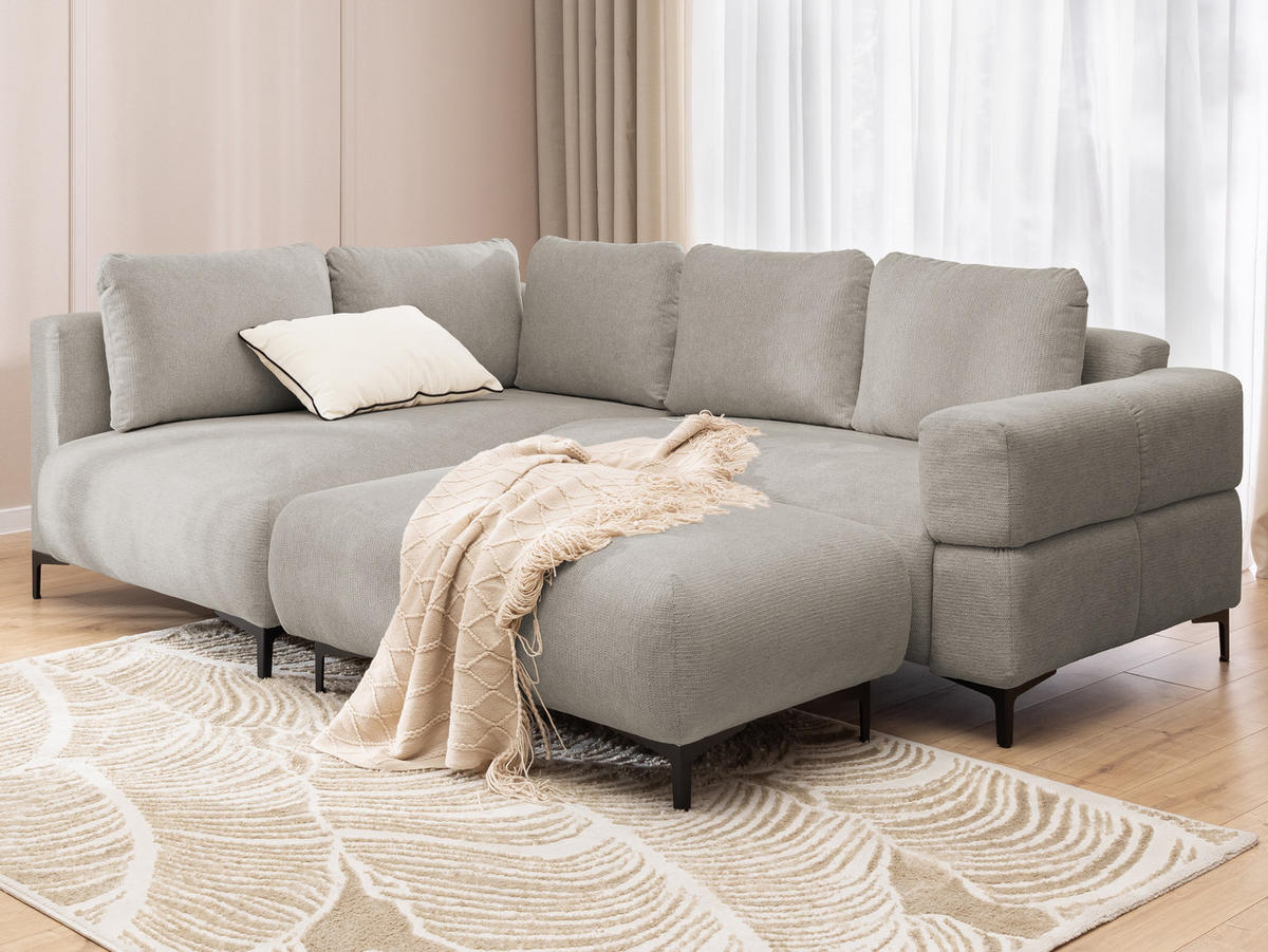 ECKSOFA inkl. Hocker Cardea mit Schlaffunktion in Bubble-Optik aus weichem Taupe Strukturstoff und hohem Sitzkomfort - Ottomane links - Taupe/Schwarz, Holz/Textil (170/230cm) - S-Style Möbel