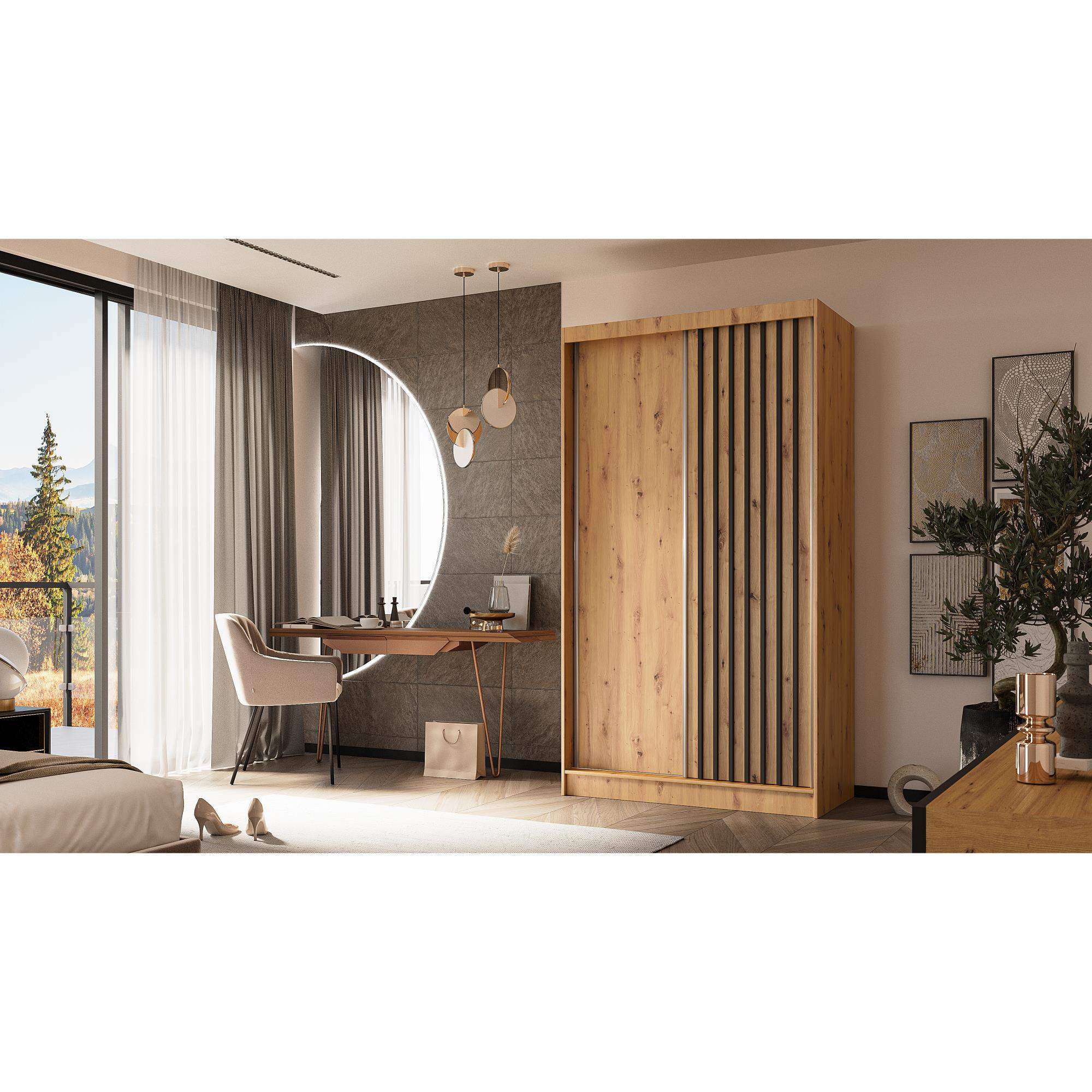 SCHWEBETÜRENSCHRANK Helios 120/216/61 eiche Artisan+schwarz mit Schubladen - Schwarz/Eiche Artisan, Holzwerkstoff (120/216/61cm) - Beautysofa