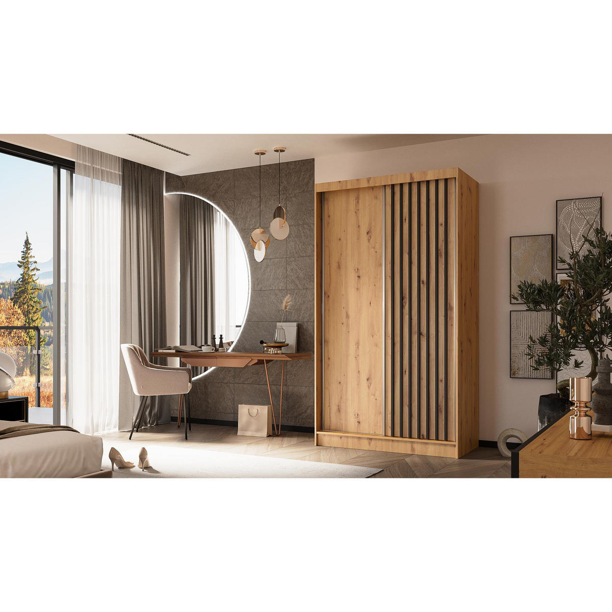 SCHWEBETÜRENSCHRANK Helios 120/216/61 eiche Artisan+schwarz mit Schubladen - Schwarz/Eiche Artisan, Holzwerkstoff (120/216/61cm) - Beautysofa