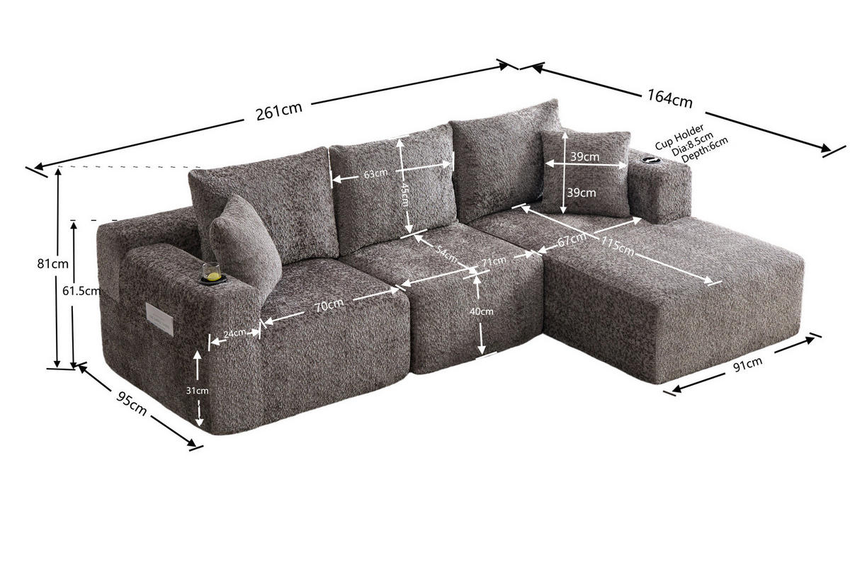 ECKSOFA 261/165/80,5 cm mit Getränkehaltern, tiefer Sitzfläche und Chenille-Bezug, Dunkelgrau - Dunkelgrau, Textil (261/165cm) - Redom