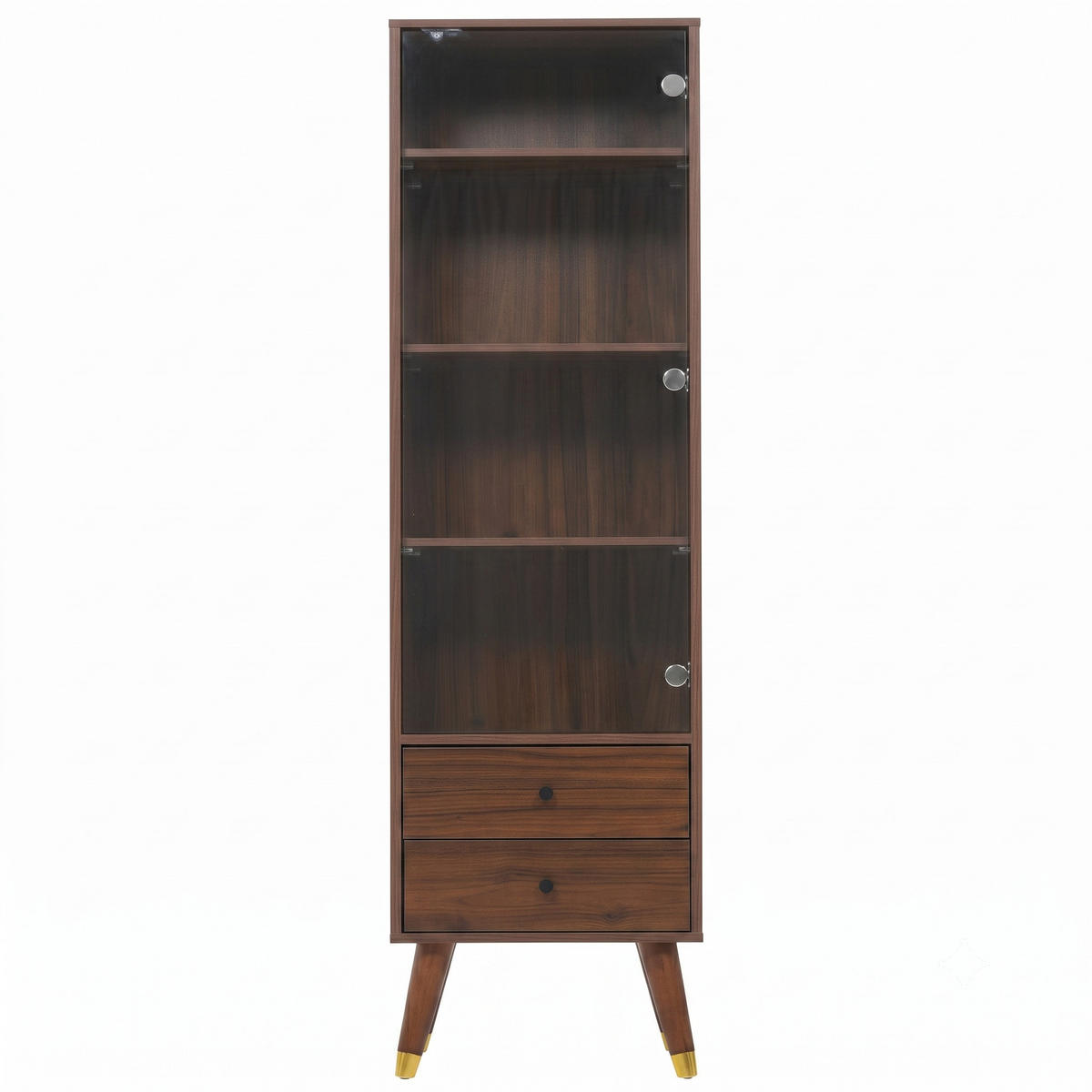 HIGHBOARD Nussbaumholz-Optik mit Glastür, 2 Schubladen & verstellbaren Regalen - Walnussfarben, Holzwerkstoff (39.8/160/35cm) - Urban Meuble