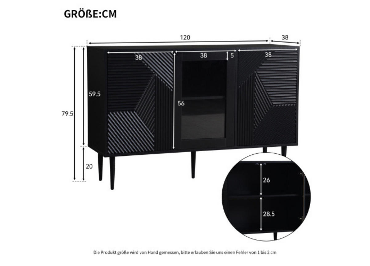 KOMMODE mit 3 Türen Black 120/38/79.5 cm - Schwarz, Holz (38/79.5/120cm) - Urban Meuble
