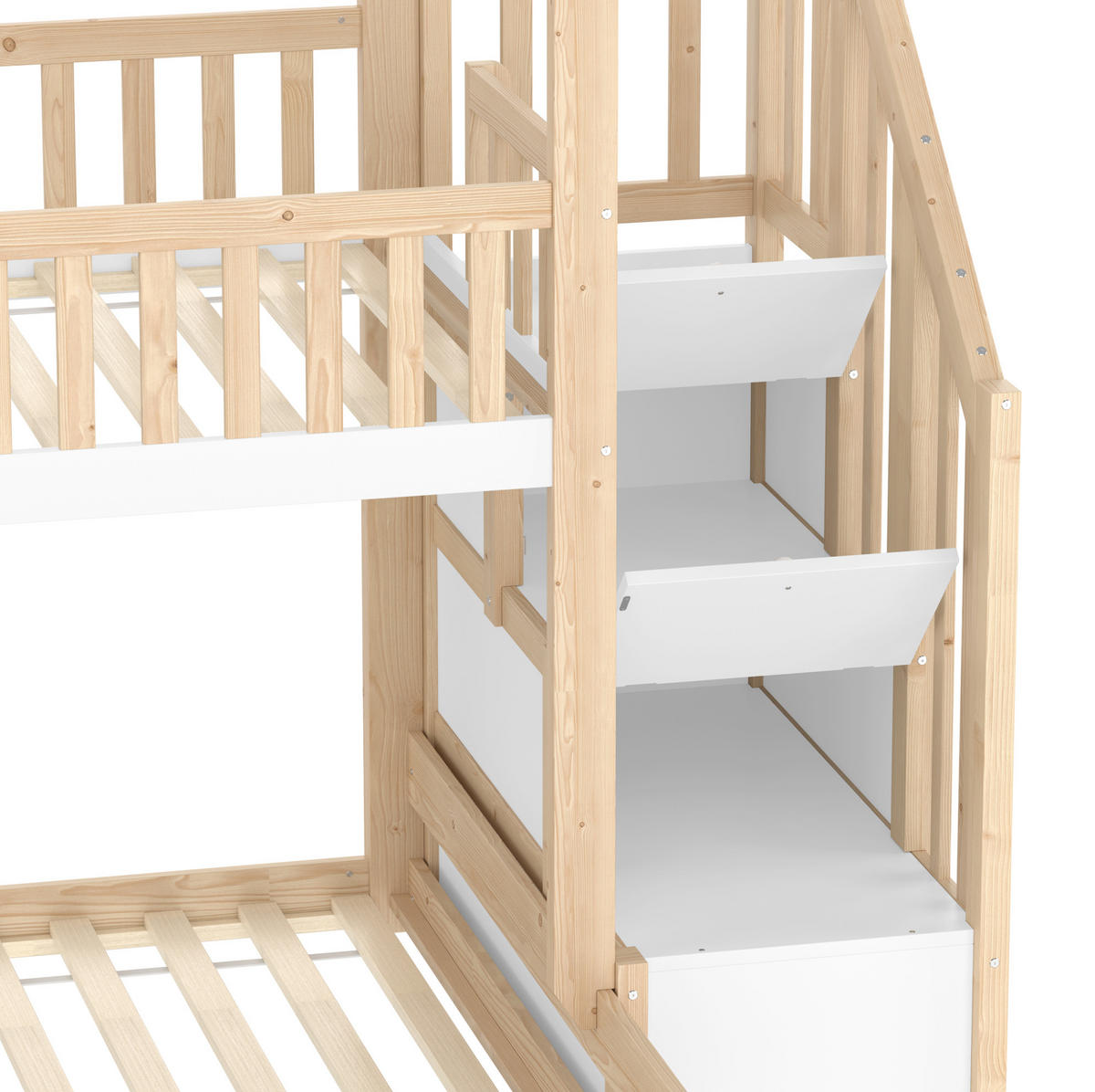ETAGENBETT aus Kiefernholz 90x200 cm + 140x200 cm Natur/Weiß mit Stauraumtreppe - Naturfarben, Holzwerkstoff (90/200cm) - IVMEU