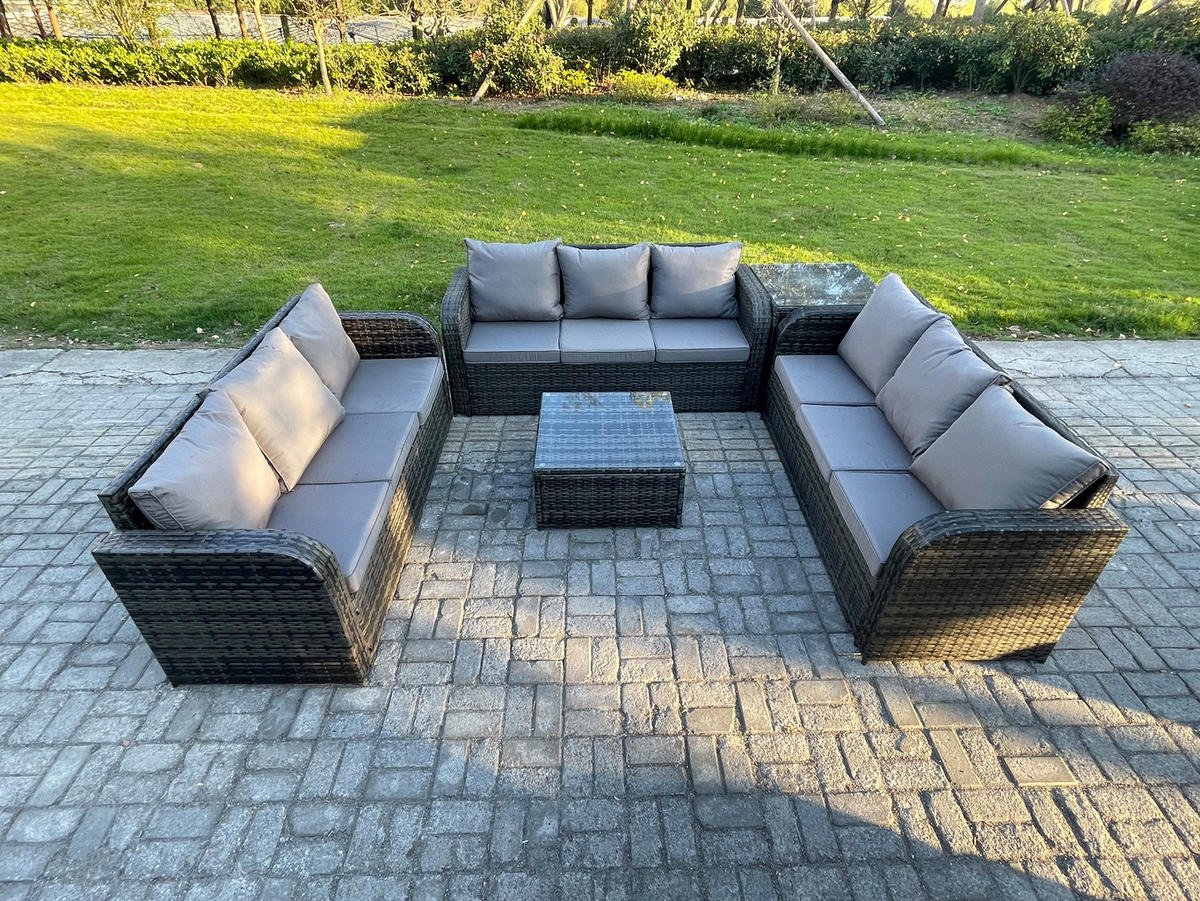 GARTENMÖBELGARNITUR mit KISSEN Polyrattan Dunkelgrau 9-Sitzer - Dunkelgrau/Grau, Glas/Kunststoff - Fimous