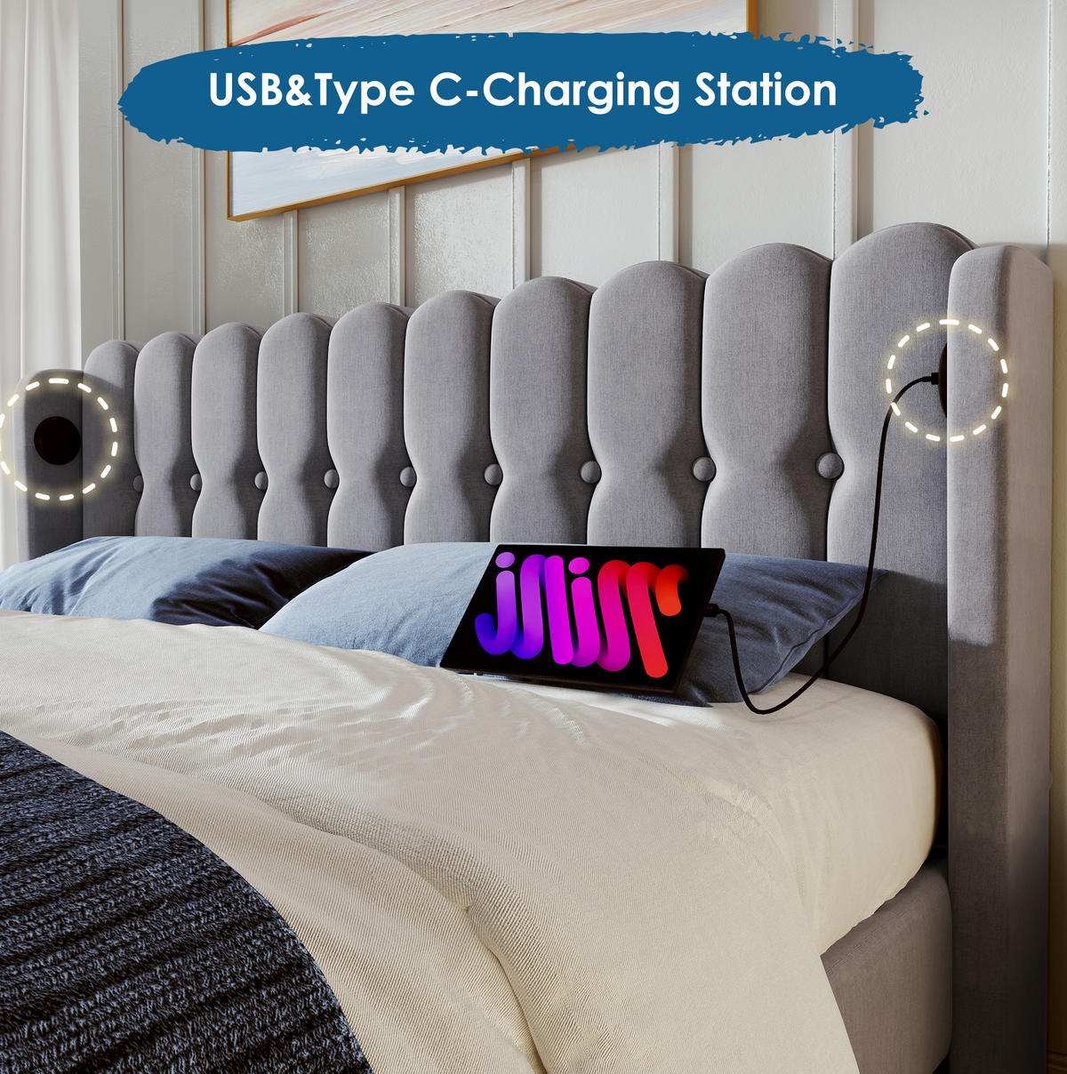 POLSTERBETT 140/200 cm mit USB-C Ladefunktion und gepolstertem Kopfteil in Grau - Grau, Textil (140/200cm) - BEAOK