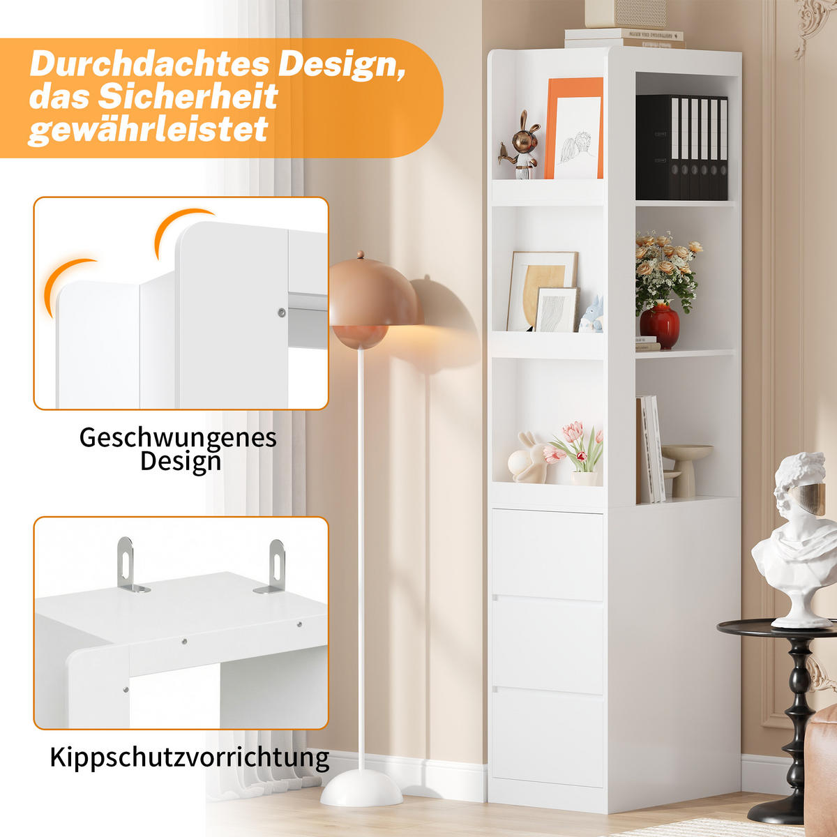 BÜCHERREGAL 60cm 200cm hoch 3 Fächer 3 Schubladen Anti-Kipp - Weiß, Holzwerkstoff (60/200/40cm) - FLIEKS