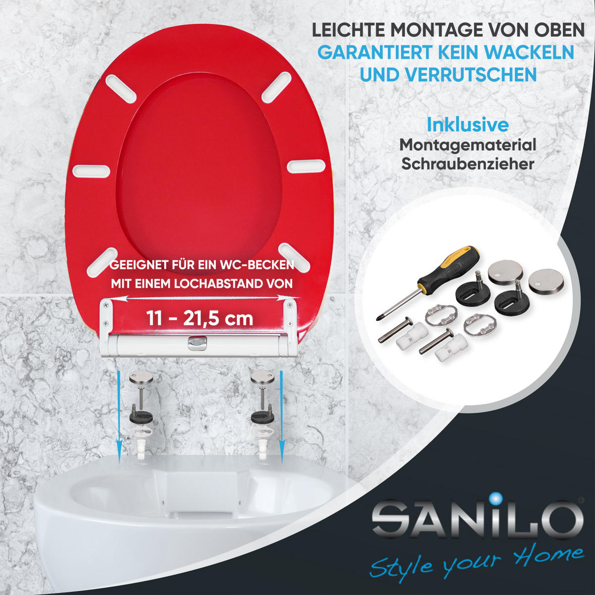 WC-SITZ mit Absenkautomatik & Top Fix Rot - Rot, Holzwerkstoff (37.7/5.5/48cm) - Sanilo