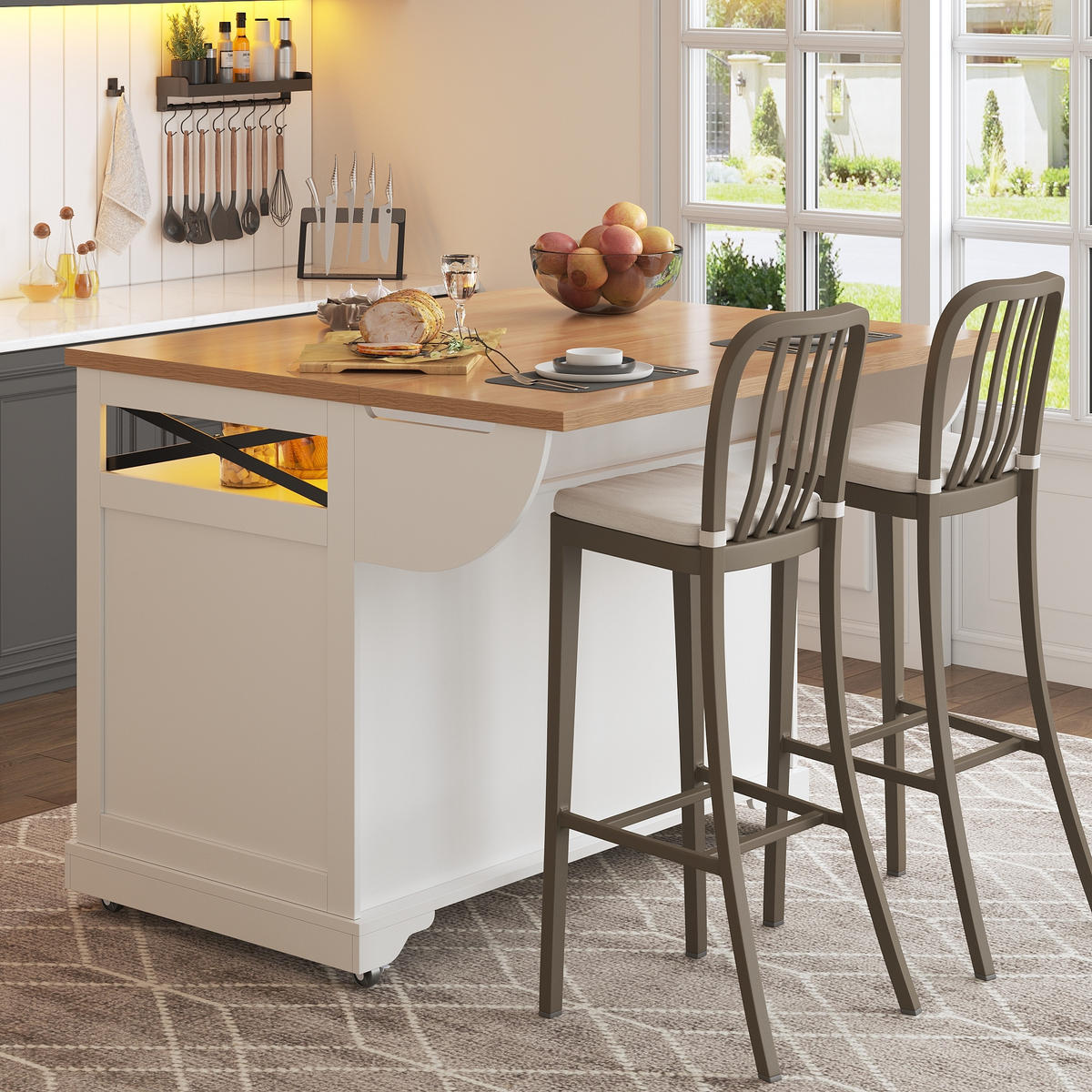 KÜCHENINSEL in Weiß Servierwagen mit Klapptisch, App LED Beleuchtung, Snack Ablagen und Stauraum, B120/T71.5/H98cm - Weiß, Holzwerkstoff/Metall (120/98/43cm) - STILVORA