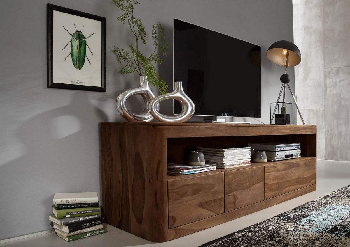 TV-BOARD Sheesham 190x50x60 rot-braun gebeizt TORONTO #147 - Dunkelbraun, Holz (190/60/50cm) - Massivmoebel24