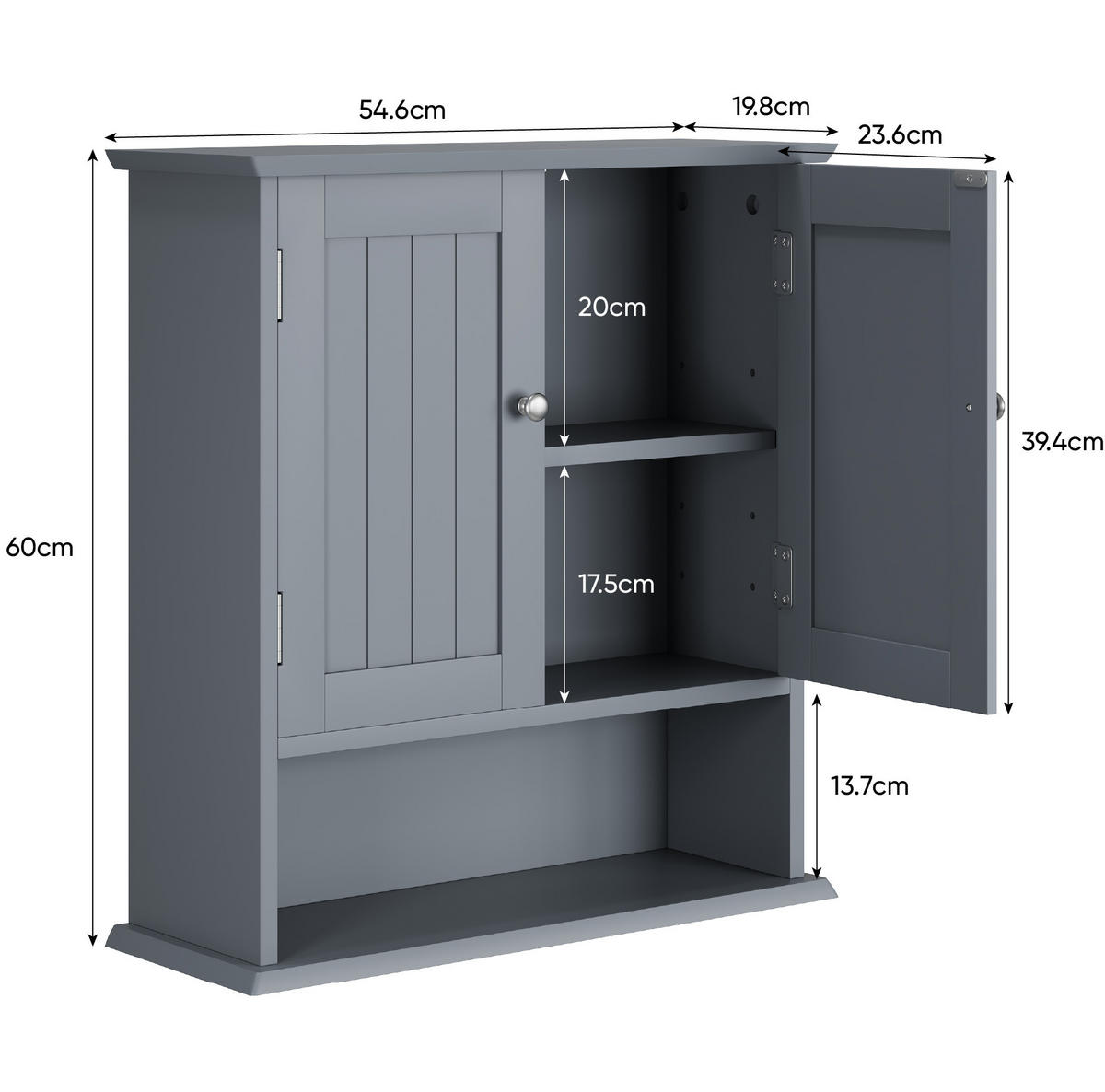 KÜCHENOBERSCHRANK 54,6/19,8/60 cm in Hellgrau mit 2 Türen und verstellbarem Einlegeboden - Hellgrau, Holzwerkstoff (54.6/60/19.8cm) - BEAOK