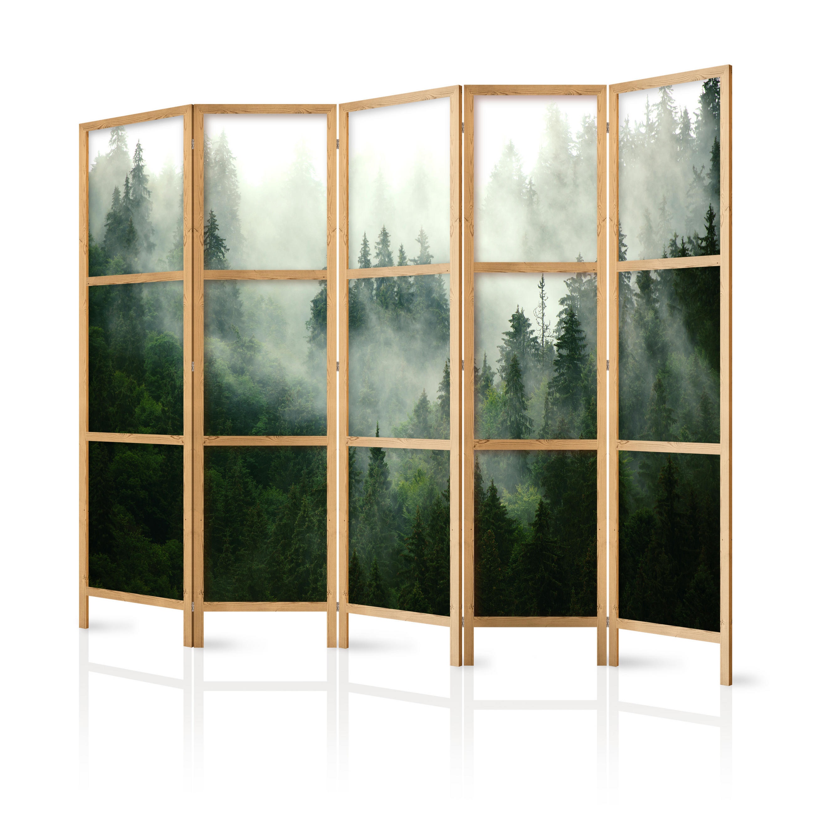 PARAVÁN Japonský 5-dielny 225x172 cm Les V Hmle - zelená, drevo/textil (225/172/3cm) - Muralo