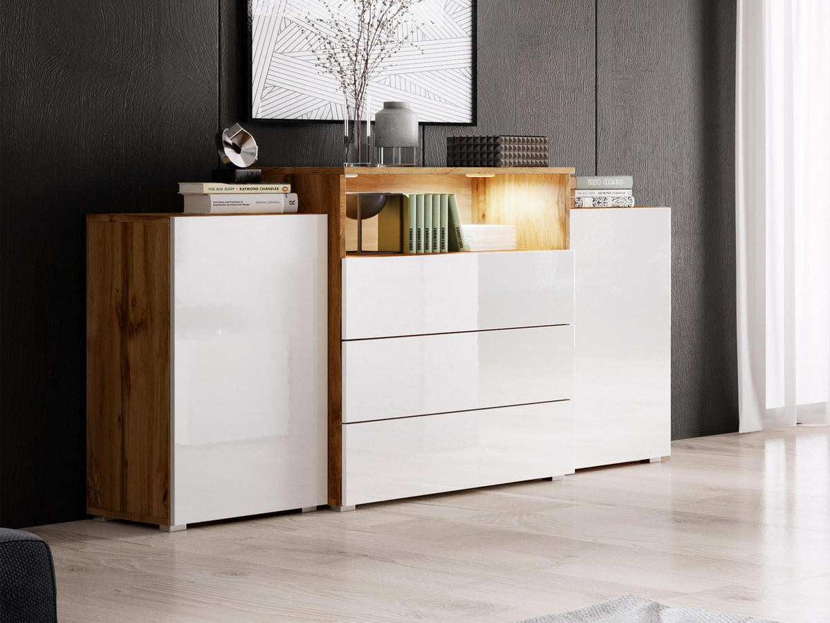 SIDEBOARD Urban III - weißer LED Beleuchtung - Weiß Hochglanz/Eiche Wotan, Holzwerkstoff/Kunststoff (150/81/39cm) - MIRJAN24