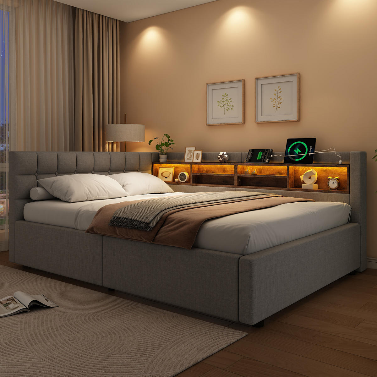 DENNÍ POSTEL 140x200cm Pohovka Úložná LED USB Šedá - šedá, přírodní materiály (140/200cm) - FLIEKS
