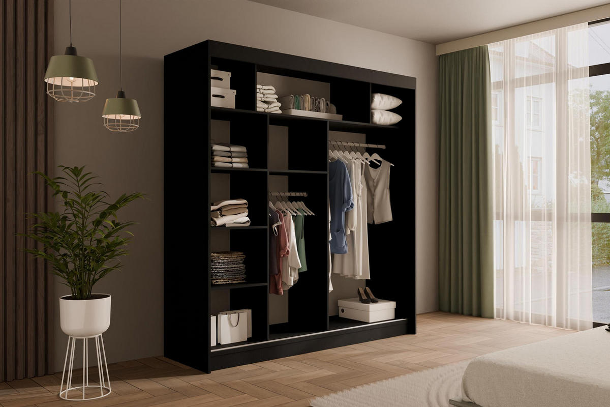 KLEIDERSCHRANK mit Lamel-Schiebetüren VILANv2 - 200 cm Schwarz + Lamelle Eiche Wotan - Eiche Wotan/Schwarz, Holzwerkstoff (200/215/61cm) - ALTDECOR