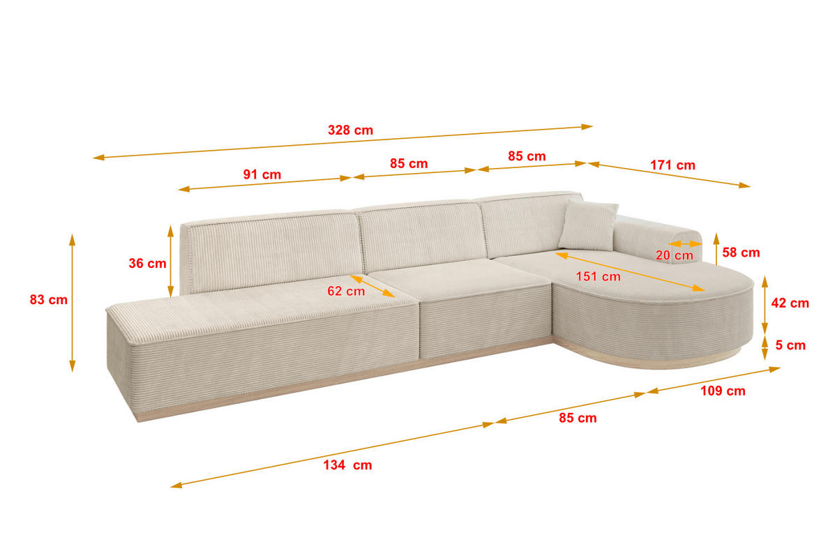 ECKSOFA Ottomane Rechts ARRIO-L2 - 328x171x83 cm Beige - Beige, Holzwerkstoff/Textil (328/171cm) - ALTDECOR