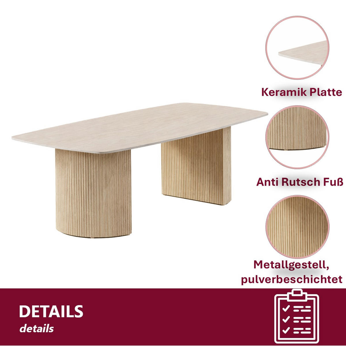 COUCHTISCH Keramik Travertin-Optik geriffeltes Säulengestell Sand 130 × 70 cm - Sandfarben, Keramik/Metall (70/130/45cm)