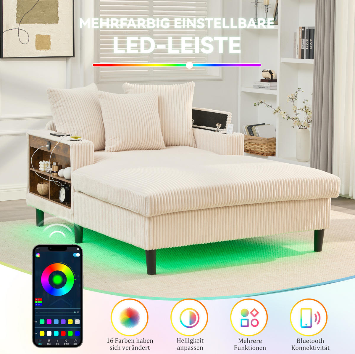 SCHLAFSOFA 129/170/70 cm aus Cord mit LED-Beleuchtung und USB-Ladeanschluss Beige - Beige, Textil (170/70/129cm) - Modenvie