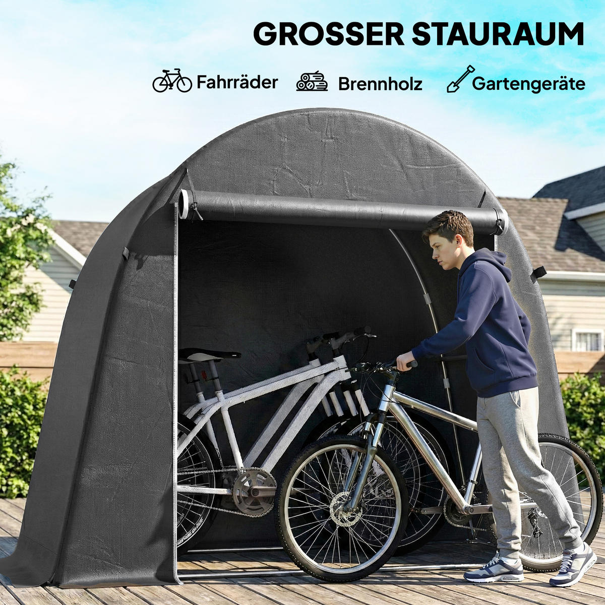 FAHRRADZELT DE-08141 mit Rolltür & Metallrahmen Dunkelgrau - Dunkelgrau, Kunststoff (120/200/245cm) - ComfortXL