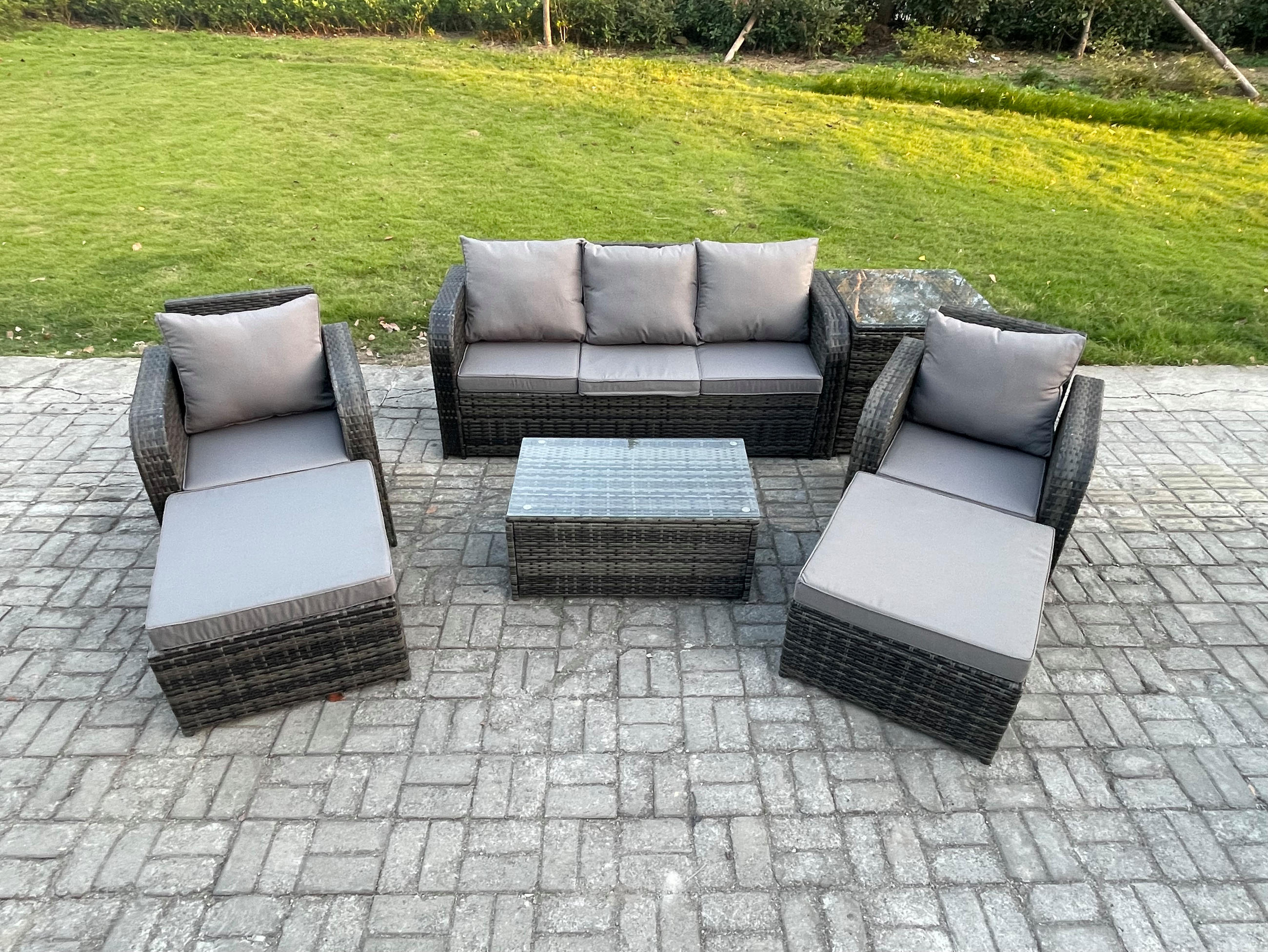GARTENMÖBELSET mit Couchtisch Polyrattan 7-Sitzer - Dunkelgrau/Grau, Glas/Kunststoff - Fimous