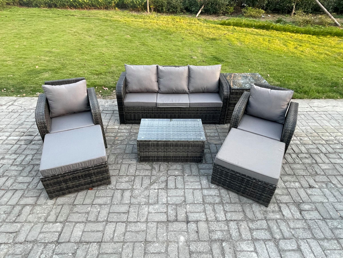 GARTENMÖBELSET mit Couchtisch Polyrattan 7-Sitzer - Dunkelgrau/Grau, Glas/Kunststoff - Fimous