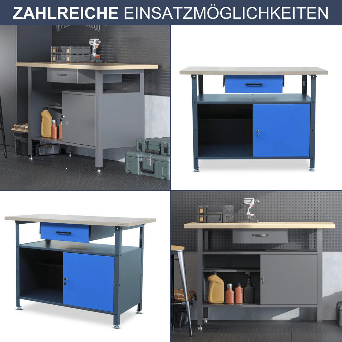 WERKBANK Werkstatt ERWA 85x120x60cm Anthrazit-Blau - Anthrazit, Metall (120/85/60cm) - DELUKE