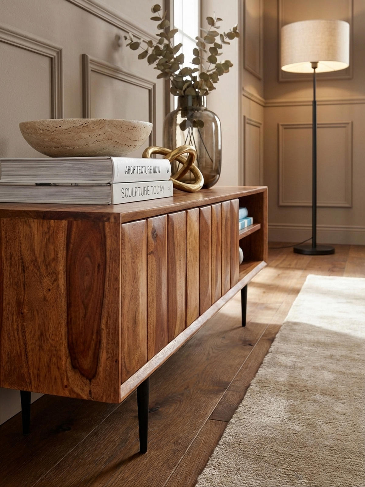 LOWBOARD Massivholz Modern Stil für 55-Zoll Fernseher Push-to-Open mit Edelstahlbeinen - Schwarz/Braun, Holz/Metall (123/42/35cm) - KADIMA DESIGN