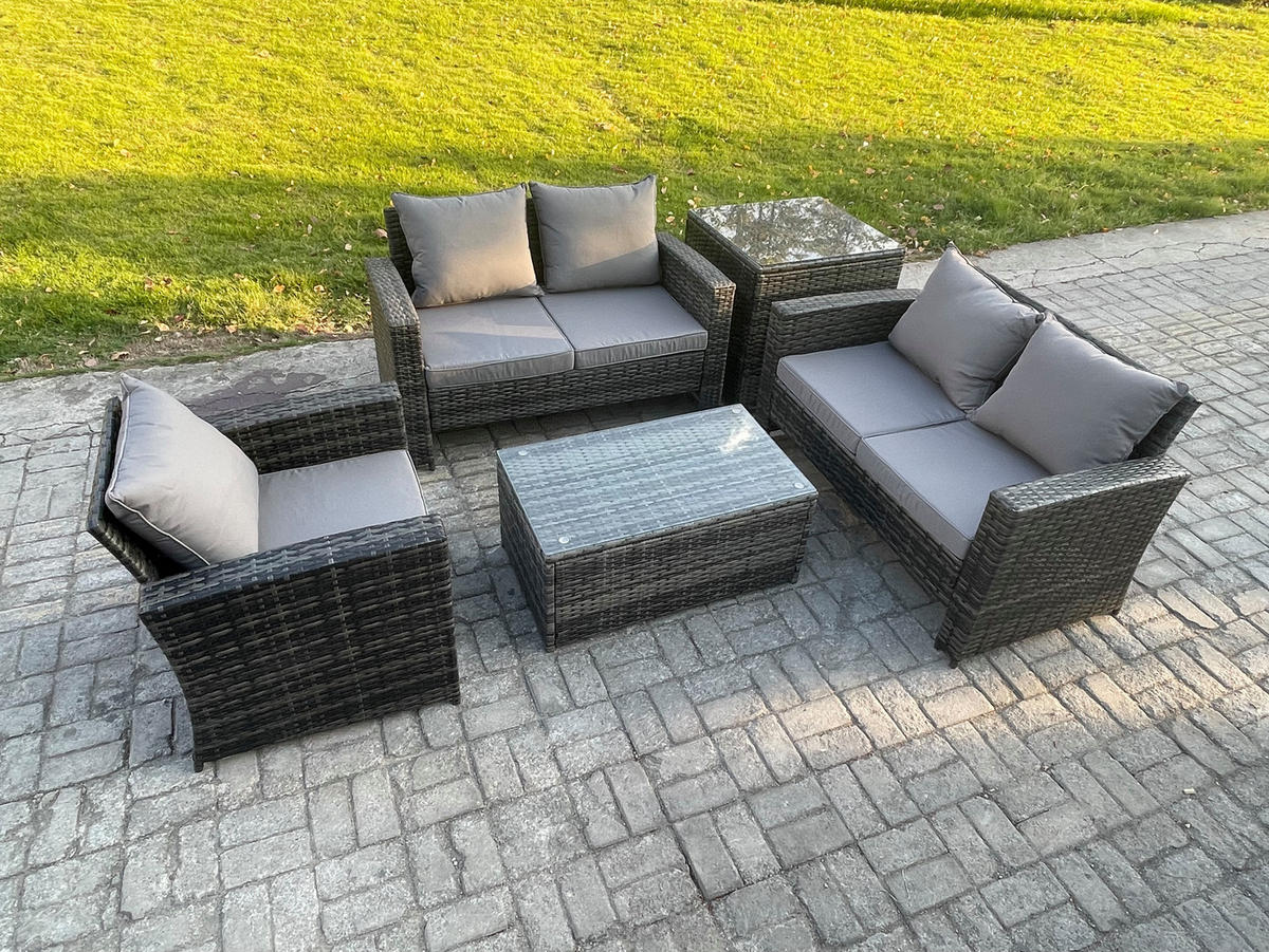 GARTENSOFA mit hoher Rückenlehne Polyrattan Dunkelgrau 5-Sitzer - Dunkelgrau, Metall - Fimous