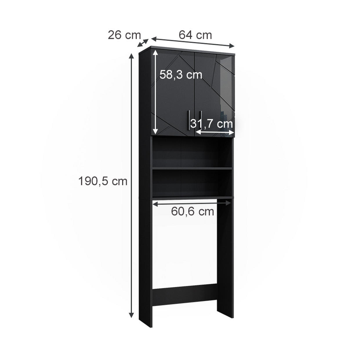 WASCHMASCHINENSCHRANK Irma Anthrazit 64 x 190.5 cm - Schwarz Hochglanz/Anthrazit, Holzwerkstoff (64/190.5/26cm) - Vicco