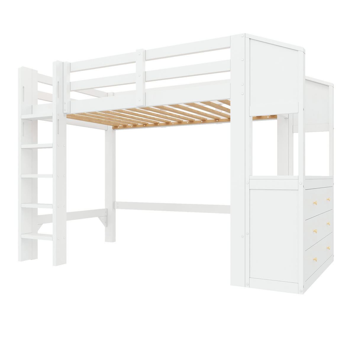 HOCHBETT weiß 90 × 200 cm aus Kiefernholz‑MDF mit 3 Schubladen und Regalen, LED‑Beleuchtung - Weiß, Holzwerkstoff (90/200cm) - Luhomfu