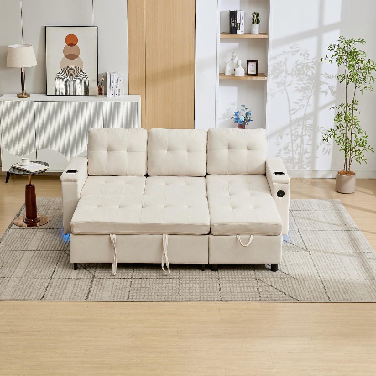 SCHLAFSOFA, Stoff mit Stauraum & LED-Lichtleiste, 208/146/89,5 cm, Beige - Beige, Textil (146/89.5/208cm) - Redom