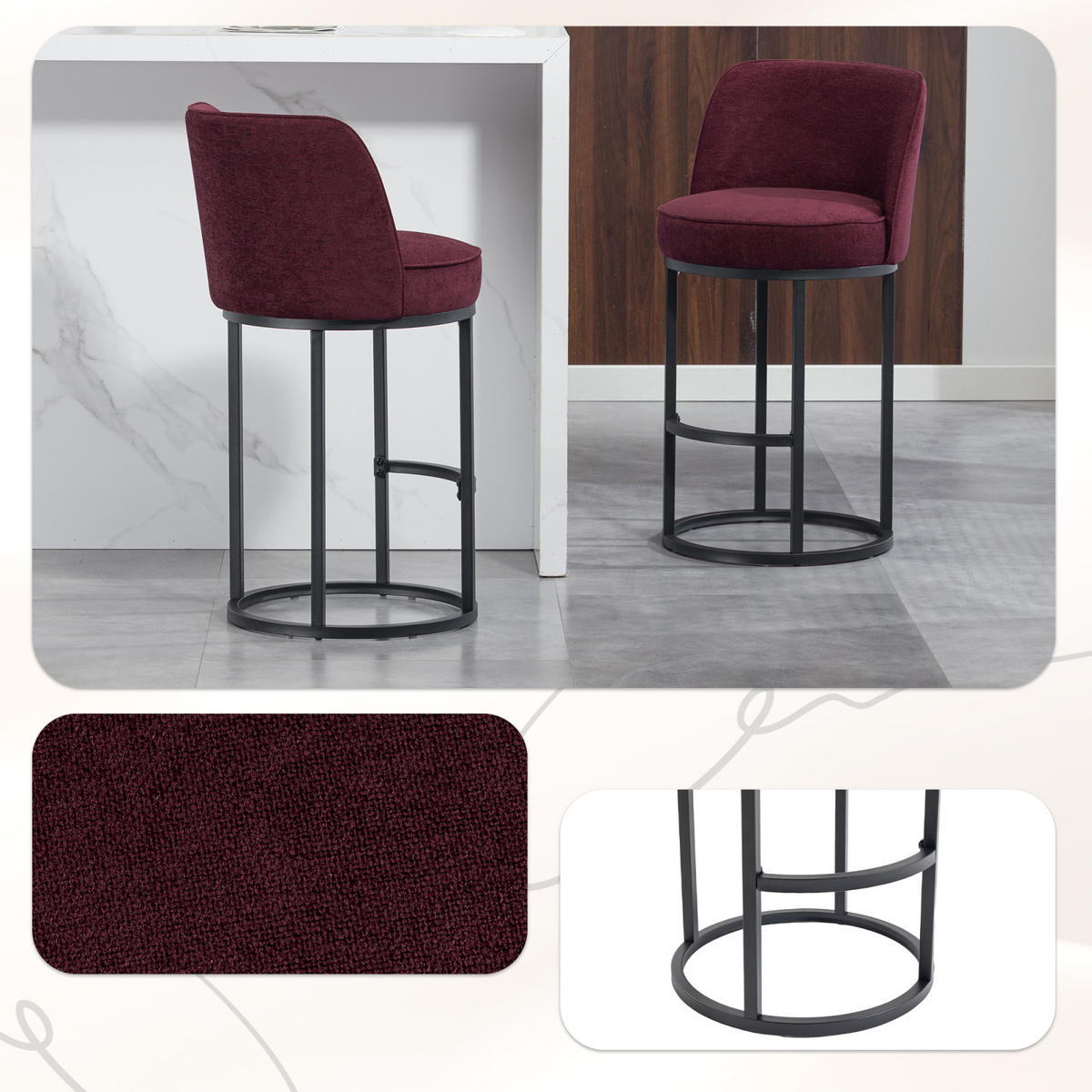 BARHOCKER 2er Set Rot, gepolstert mit Rücken- & Armlehne, Küche/Essbereich - Rot, Metall (46/88/49cm) - PARAFTA HOME